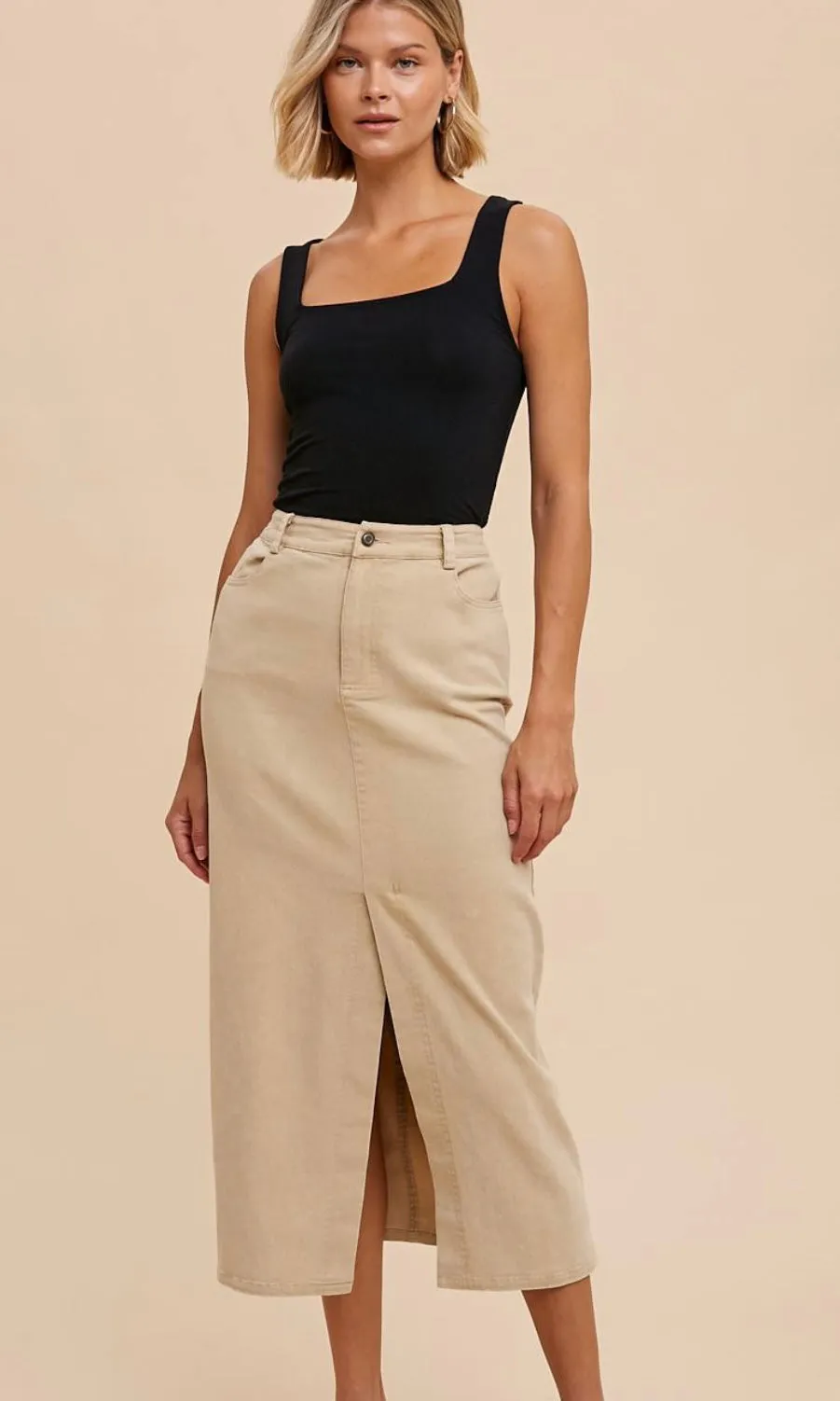 Acia Sand Stretch Cotton Pencil Midi Skirt