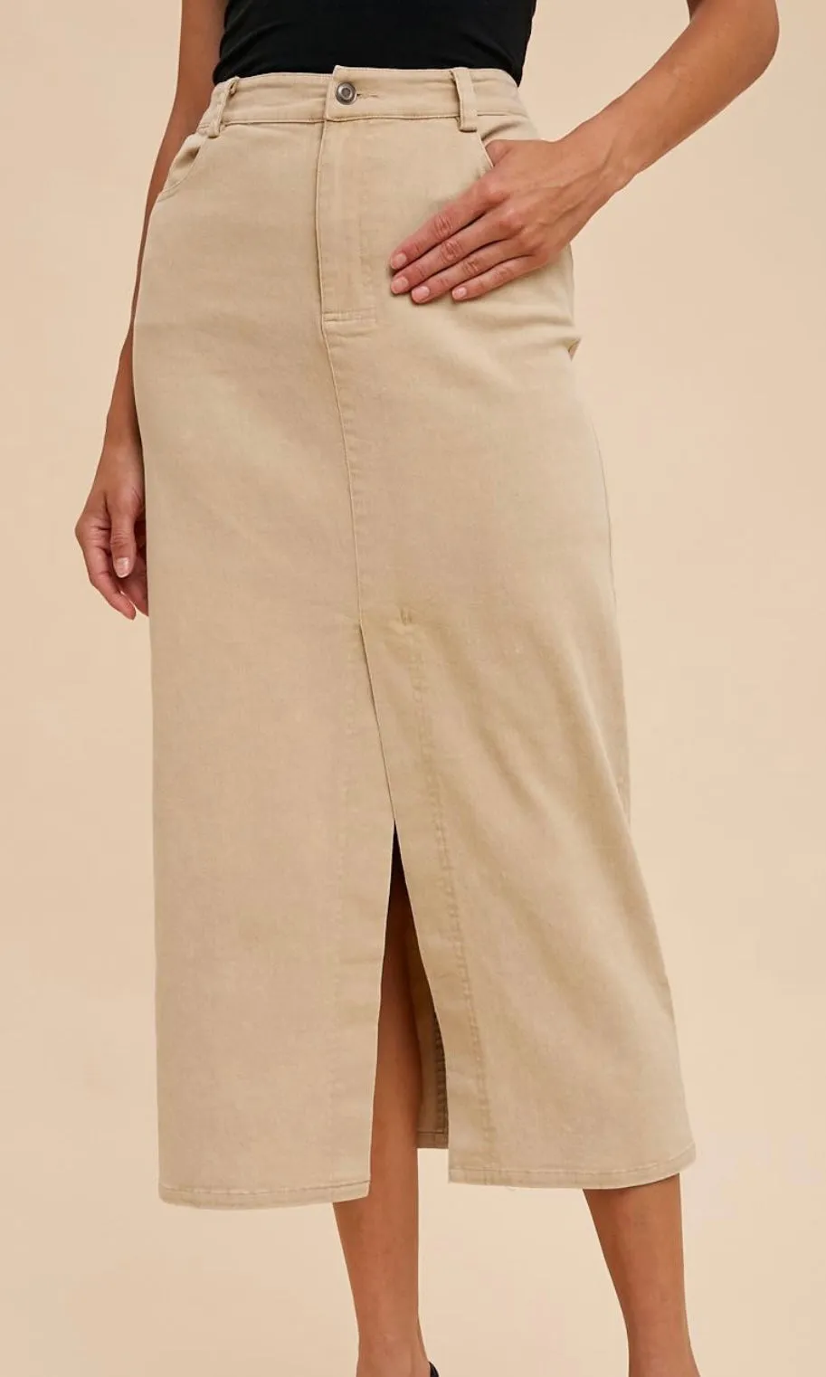 Acia Sand Stretch Cotton Pencil Midi Skirt
