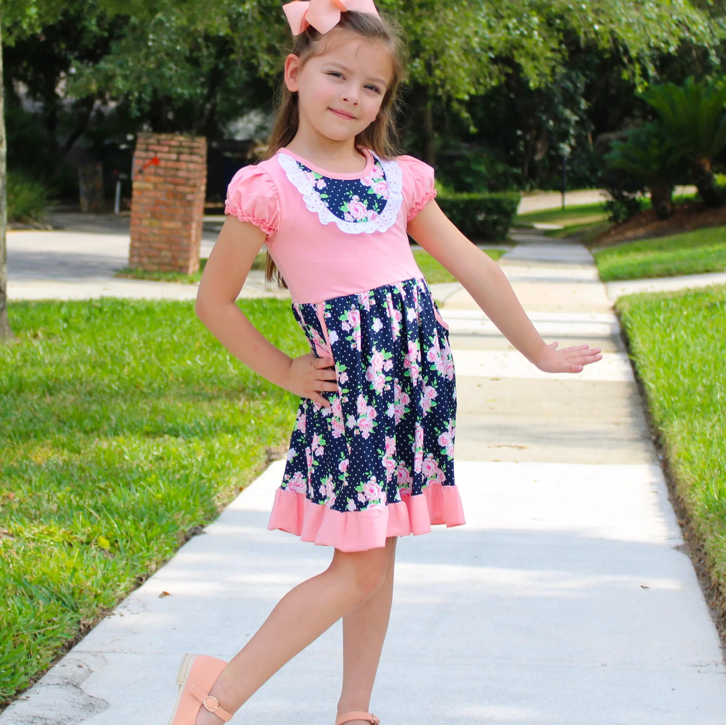 Al Limited Girls Floral Bouquet Short Sleeve Ruffle Party Dress
