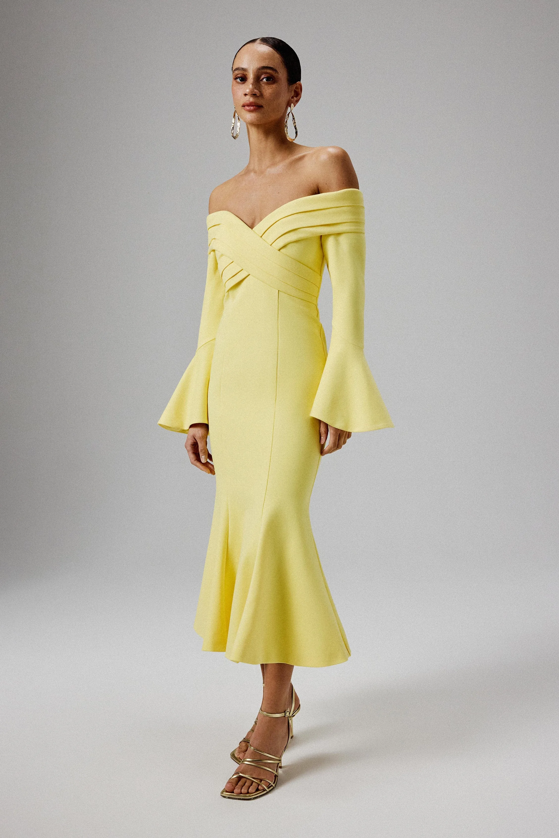 AMELIA Ponte Off Shoulder Fluted Sleeve Midi Dress in Yellow