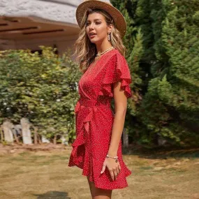 Boho Ruffles Short Sleeve V-Neck A-Line Polka Dot Print Wrap Mini Dress