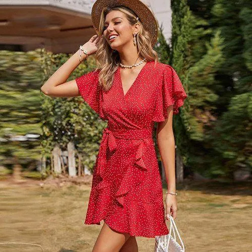 Boho Ruffles Short Sleeve V-Neck A-Line Polka Dot Print Wrap Mini Dress