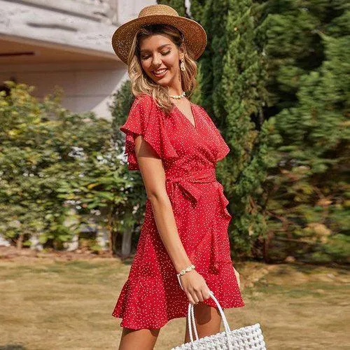 Boho Ruffles Short Sleeve V-Neck A-Line Polka Dot Print Wrap Mini Dress