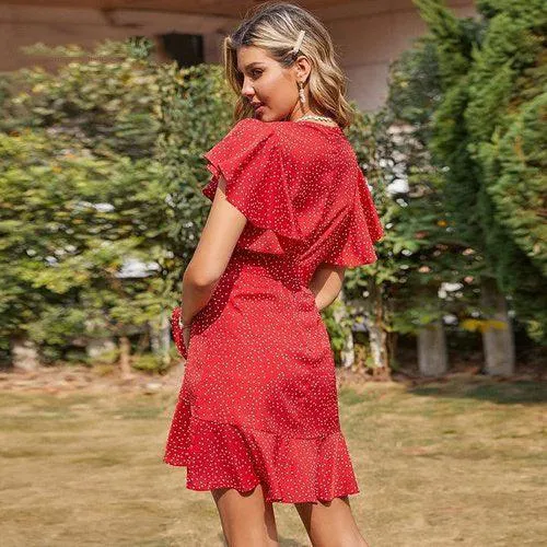 Boho Ruffles Short Sleeve V-Neck A-Line Polka Dot Print Wrap Mini Dress
