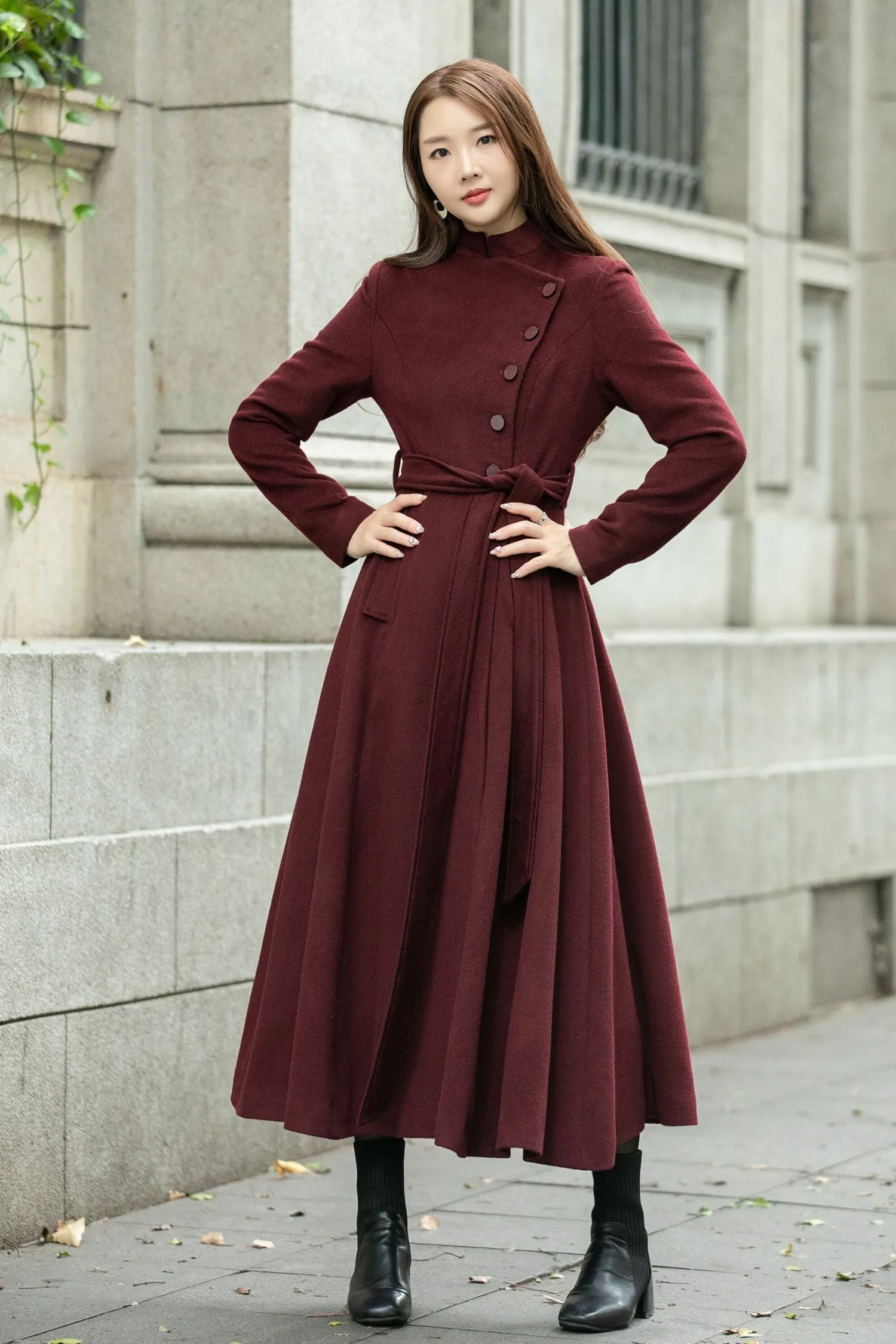 Burgundy long winter wool coat C4502