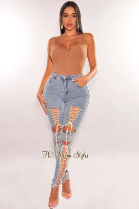Denim Wash High Waist Lace Up Skinny Jeans
