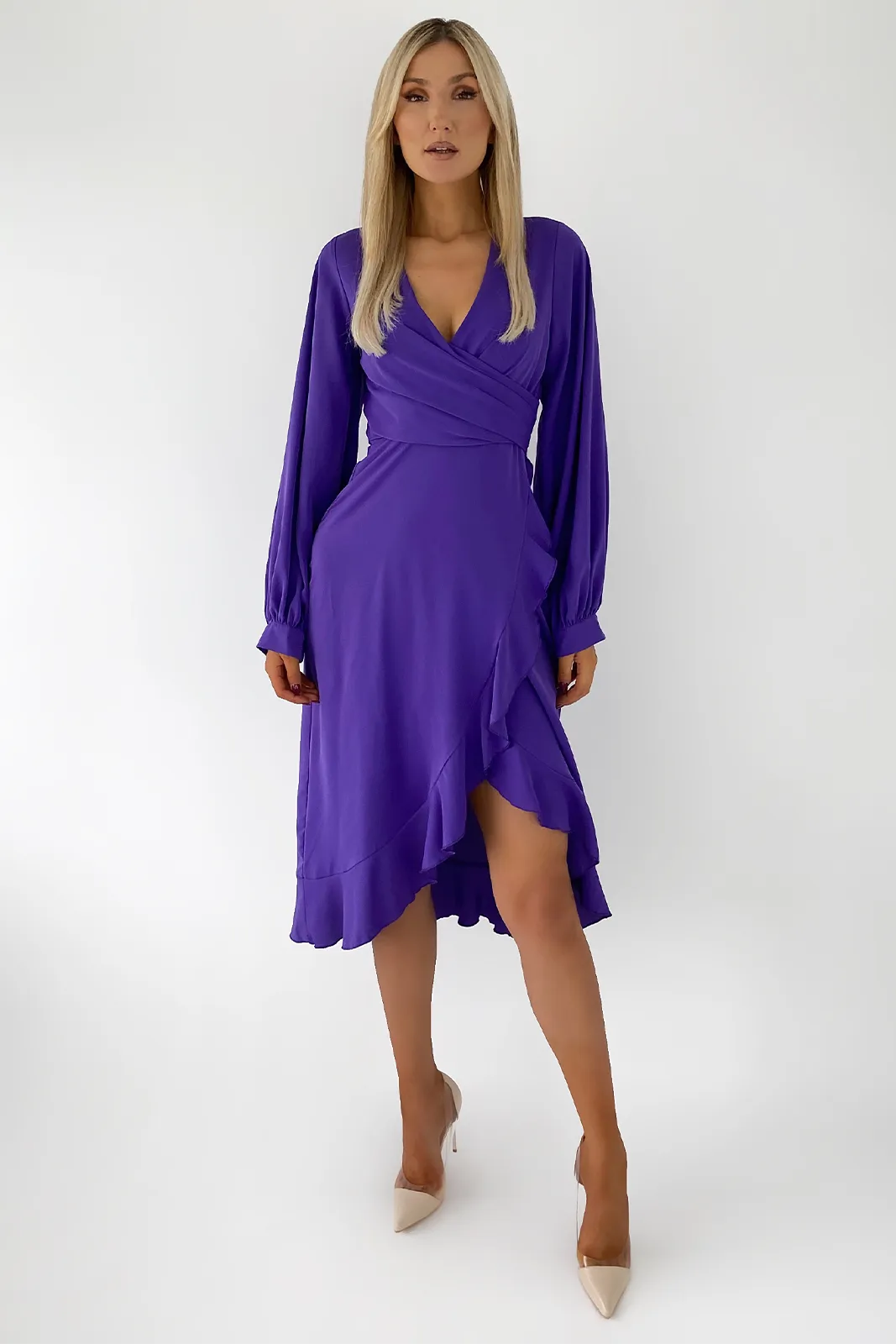 Elea Violet Wrap Dress with Frill Skirt Detailing