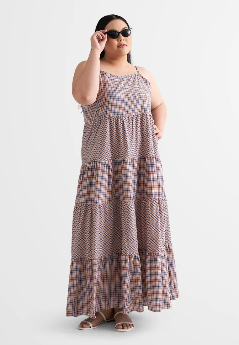 Emelia Adjustable Strap Checkered Long Tiered Dress