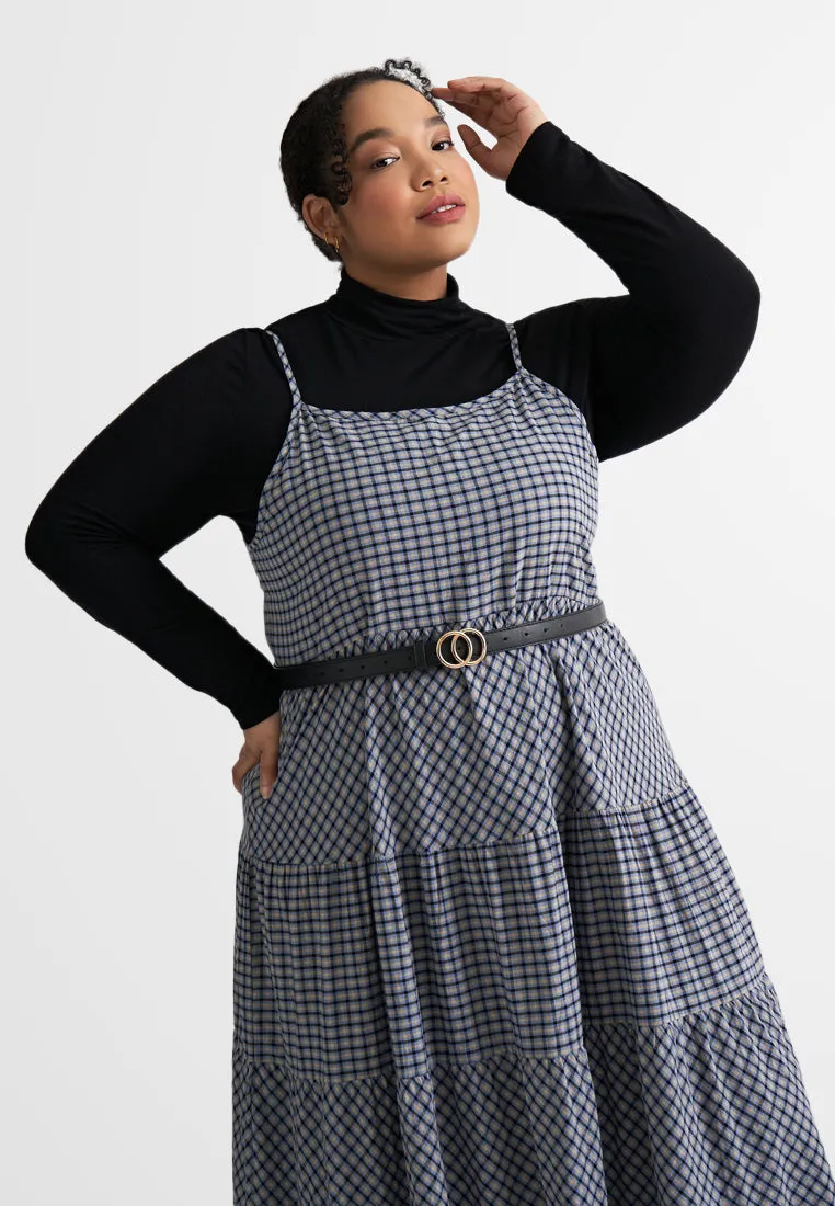 Emelia Adjustable Strap Checkered Long Tiered Dress