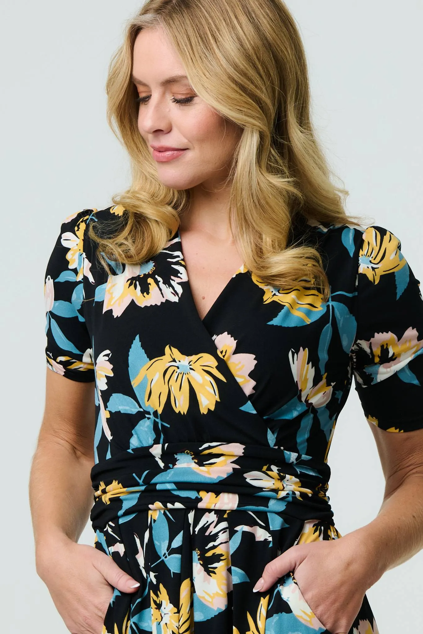 Floral Short Sleeve Faux Wrap Midi Dress