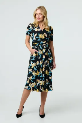 Floral Short Sleeve Faux Wrap Midi Dress