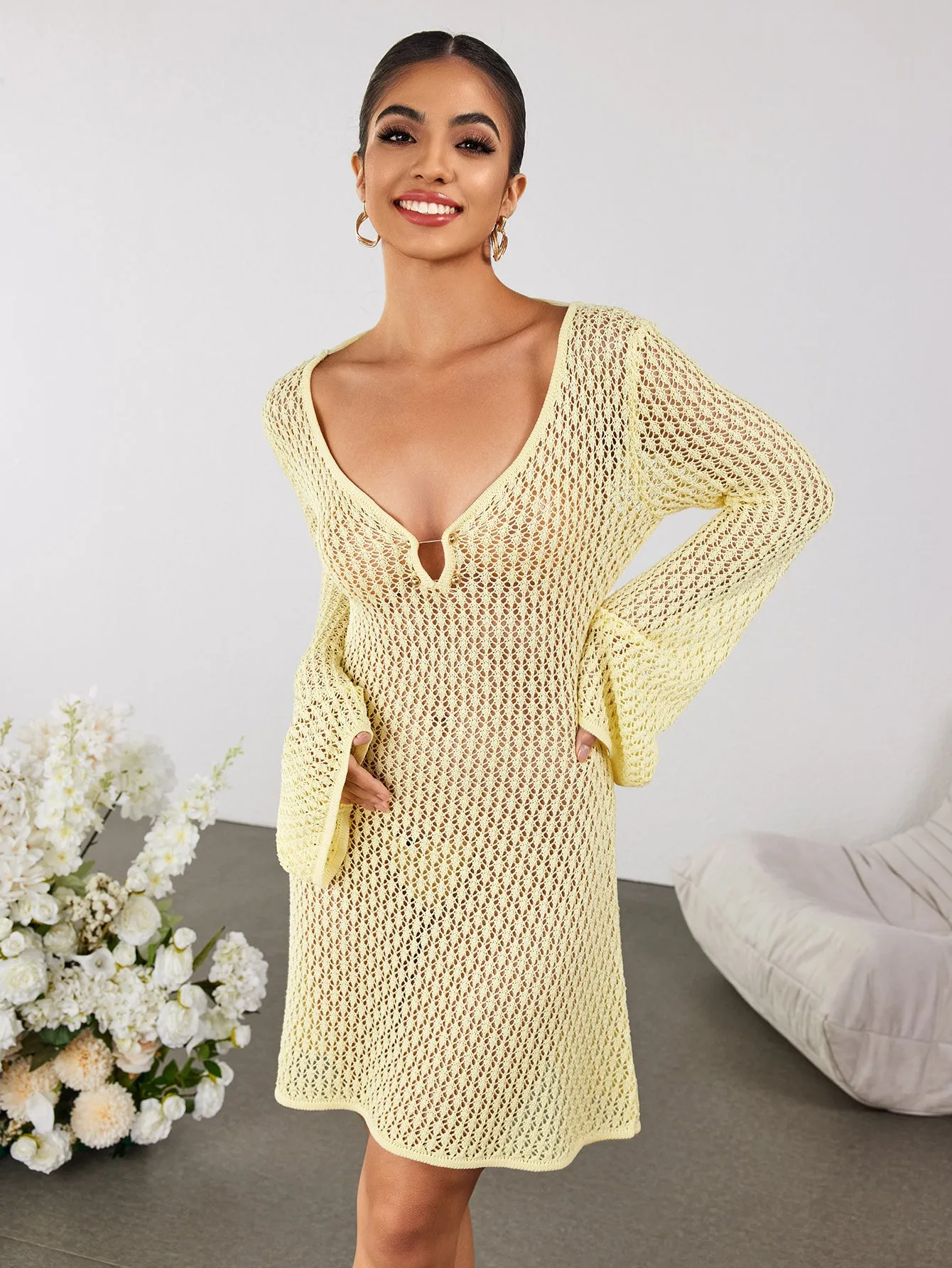 Flounce Sleeve Tie Back Sweater Dress