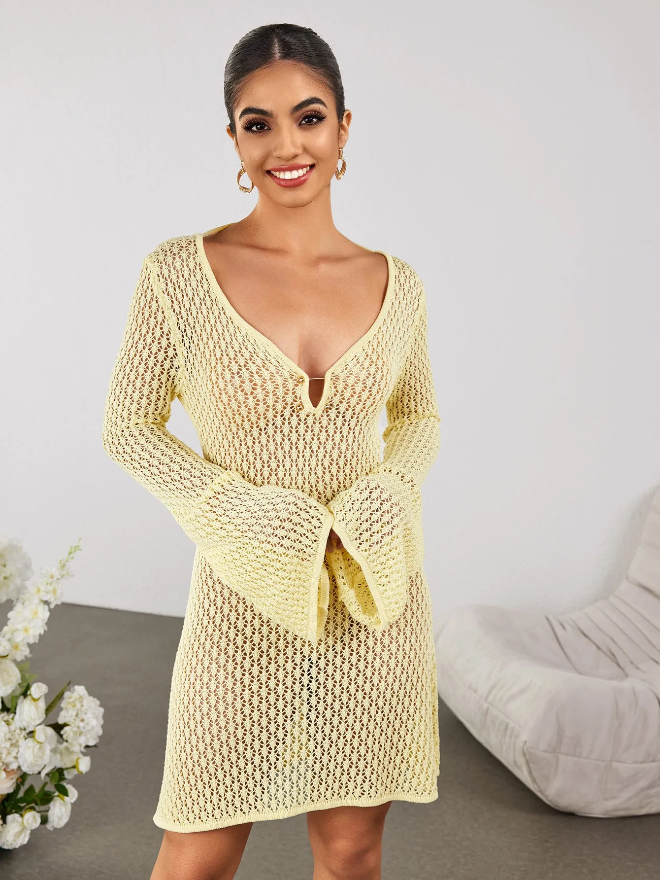 Flounce Sleeve Tie Back Sweater Dress