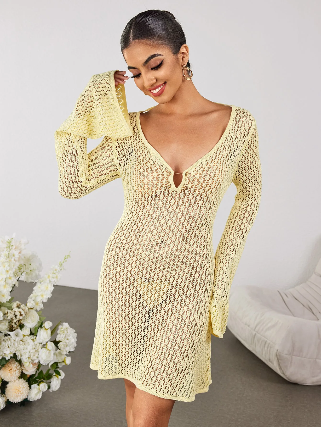 Flounce Sleeve Tie Back Sweater Dress