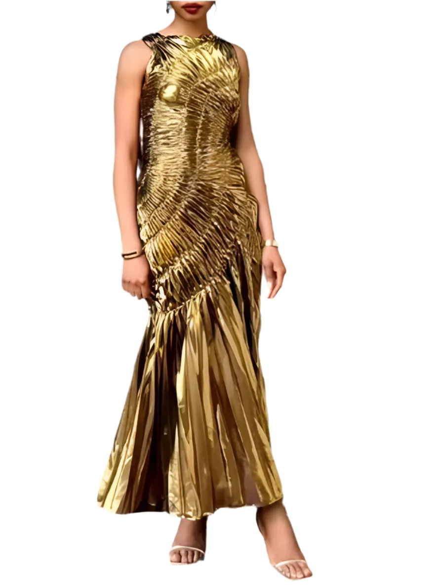 Gold night cocktail maxi dress
