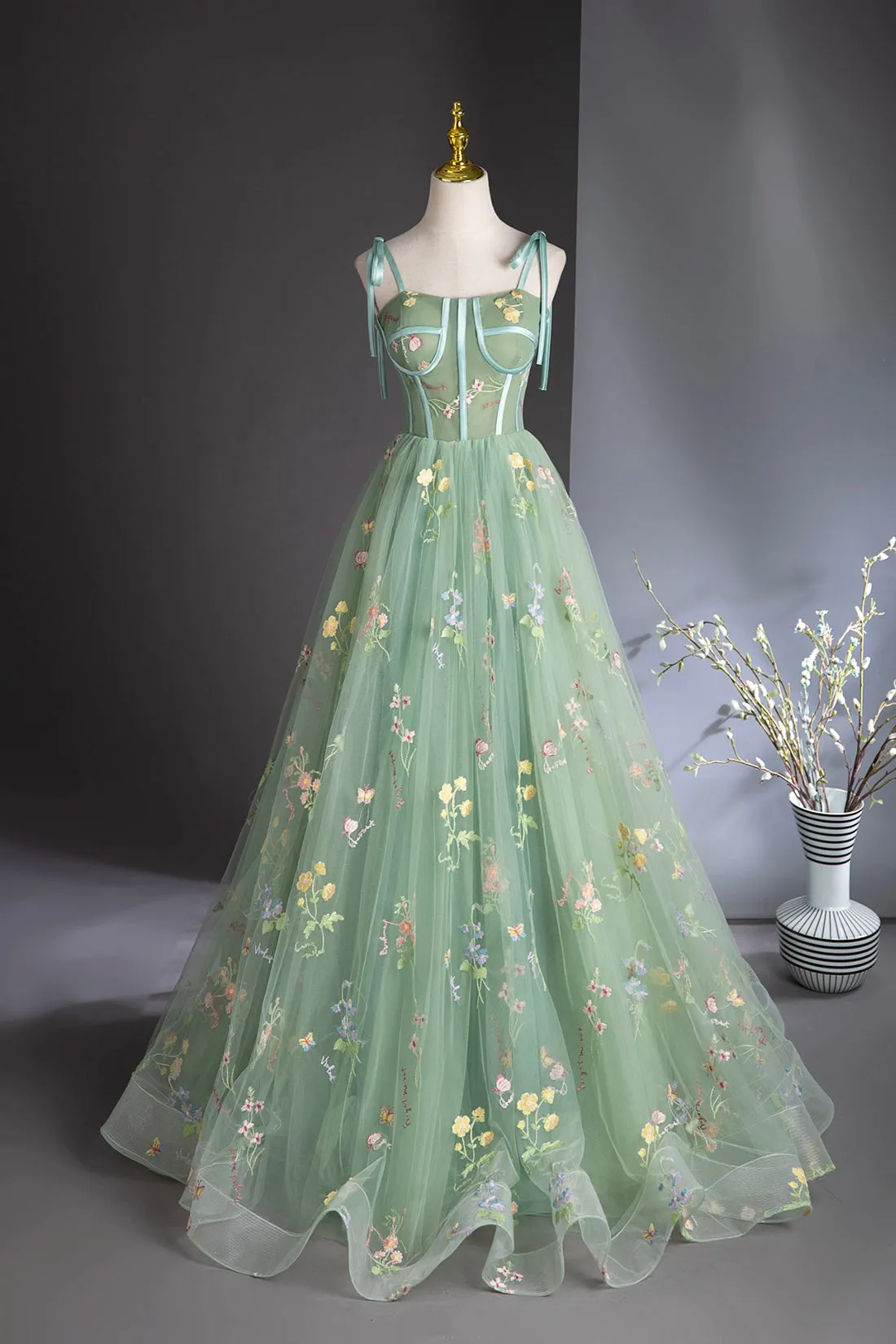 Green Floral Lace Long Prom Dresses, Green Spaghetti Straps Evening Party Dress