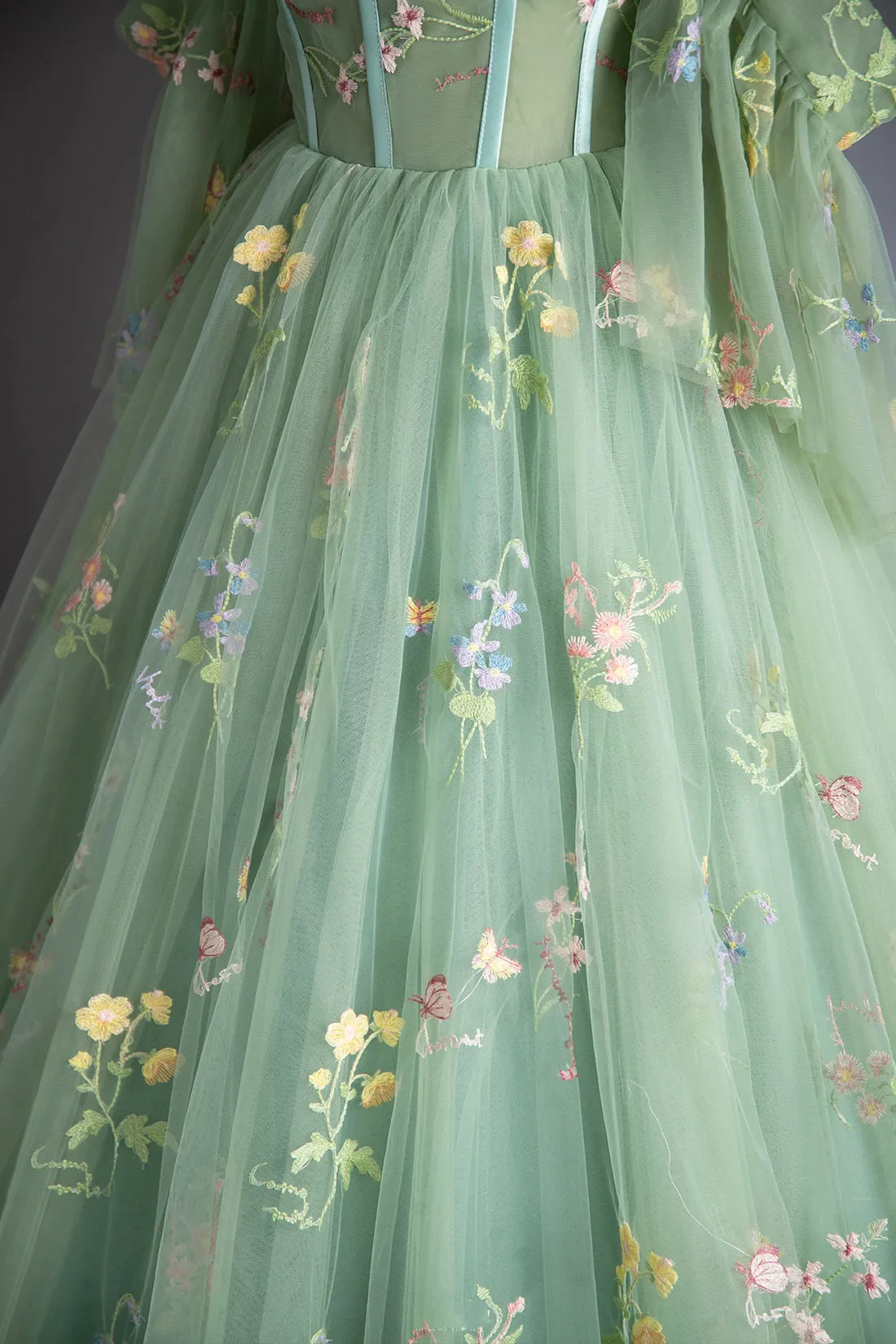Green Floral Lace Long Prom Dresses, Green Spaghetti Straps Evening Party Dress