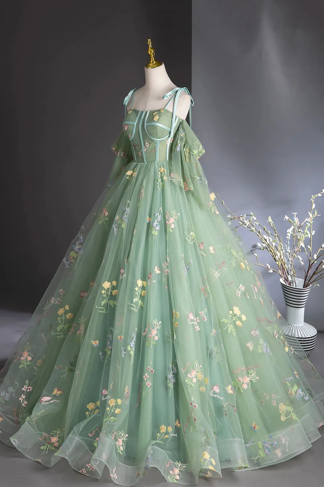 Green Floral Lace Long Prom Dresses, Green Spaghetti Straps Evening Party Dress