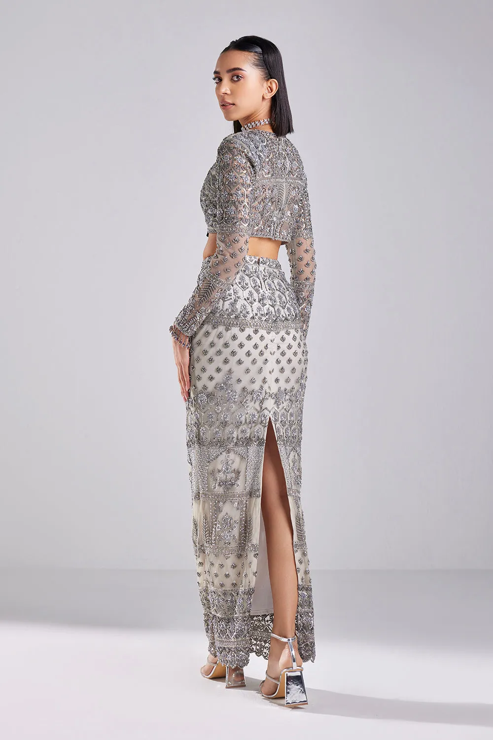 Grey Embroidered Crop Top-skirt Set
