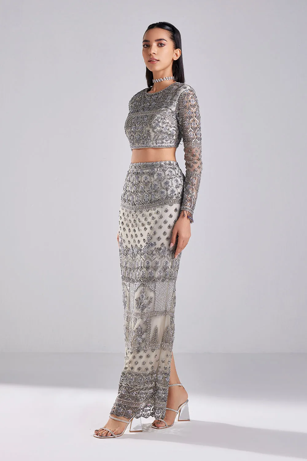 Grey Embroidered Crop Top-skirt Set