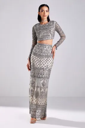 Grey Embroidered Crop Top-skirt Set