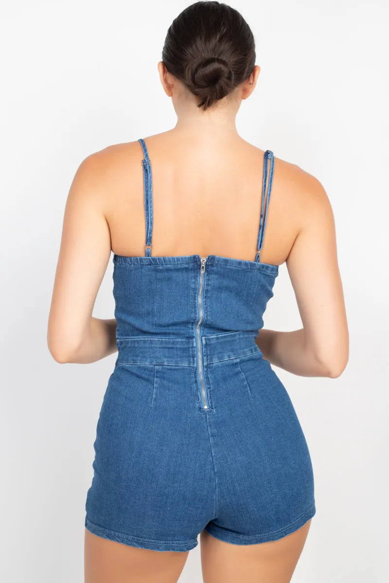 It Girl Denim Twisted-front Cutout Romper
