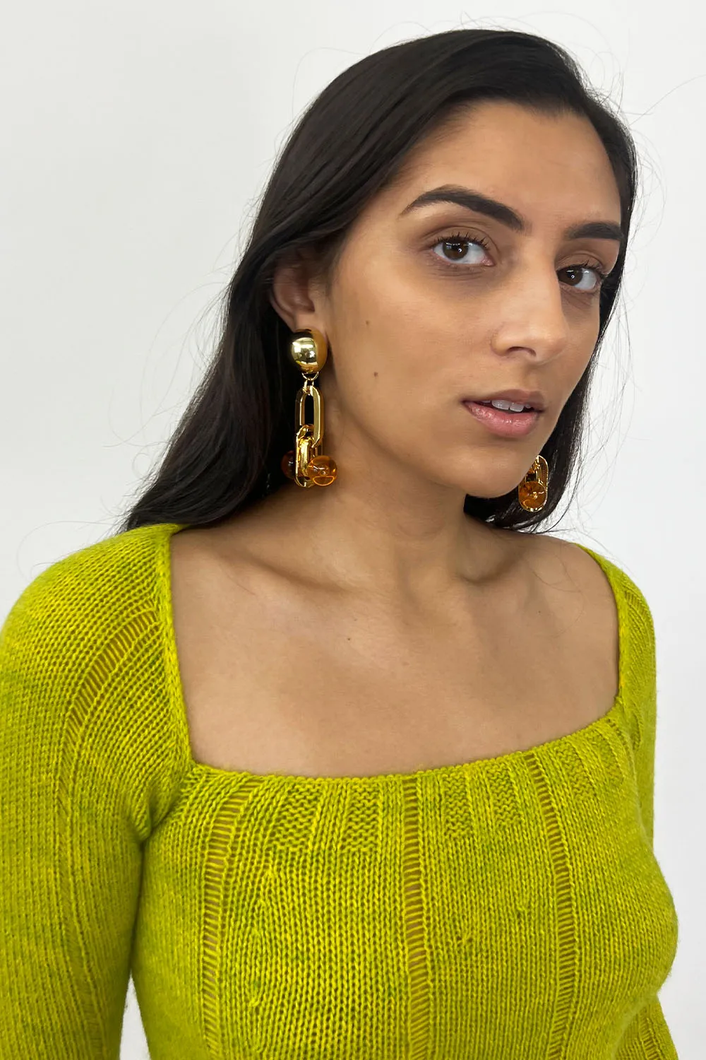 July Li - Striped Fitted Dress: Mustard Green