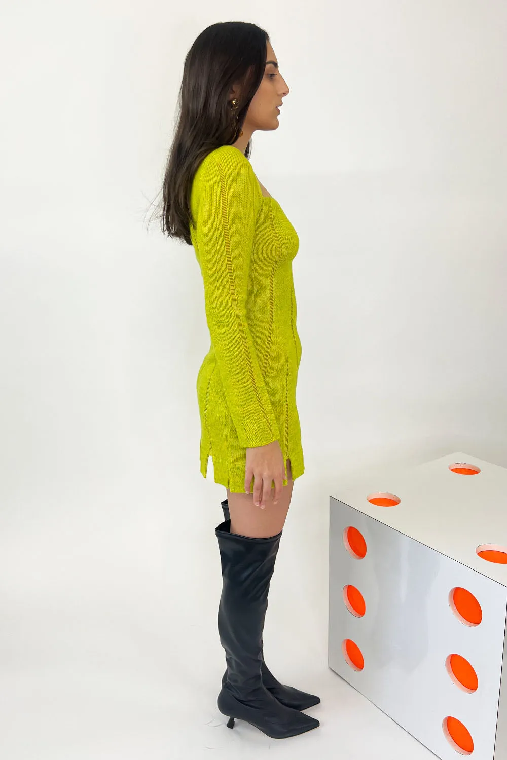 July Li - Striped Fitted Dress: Mustard Green