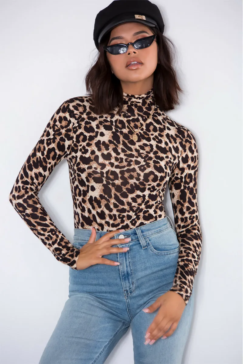 Leopard Print Skinny Turtleneck Long Sleeve Bodysuit