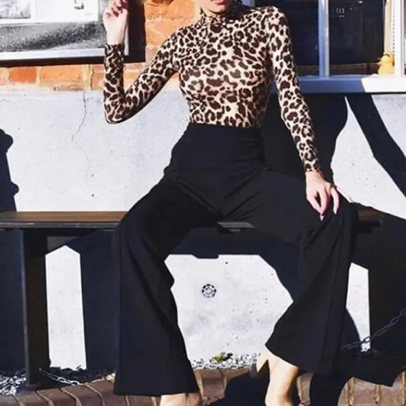 Leopard Print Skinny Turtleneck Long Sleeve Bodysuit