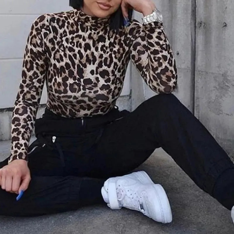 Leopard Print Skinny Turtleneck Long Sleeve Bodysuit