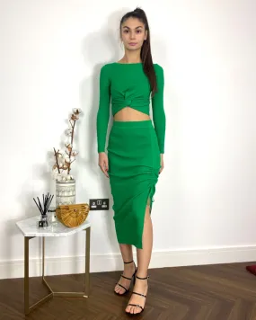 Long Sleeve Knit crop top with side lace up midi skirt co-ords in green