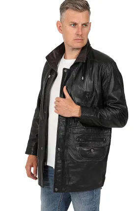 Men's Black Classic ¾ Length Real Leather Coat - 'JERRY'