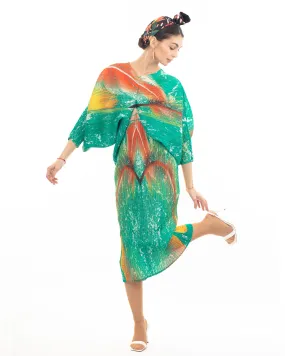 Multi color Scarf Pirnt Pleated Dress in Kimono sleeves in Dark green
