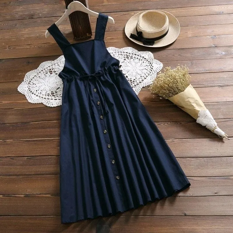 Navy Blues Pleated Overall Dress