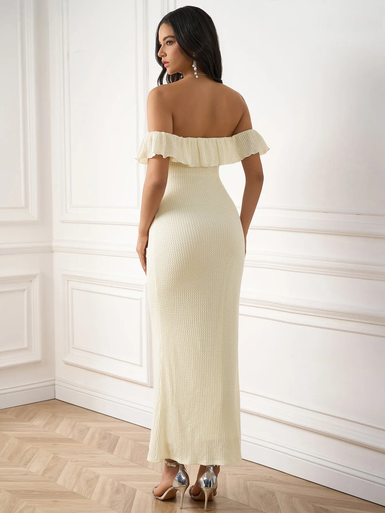 Off Shoulder Trim Tie Front Knitted Bodycon Dress