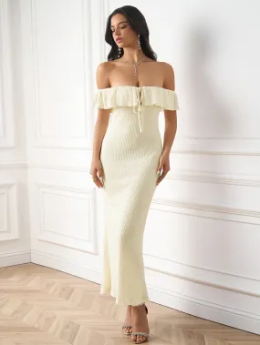 Off Shoulder Trim Tie Front Knitted Bodycon Dress