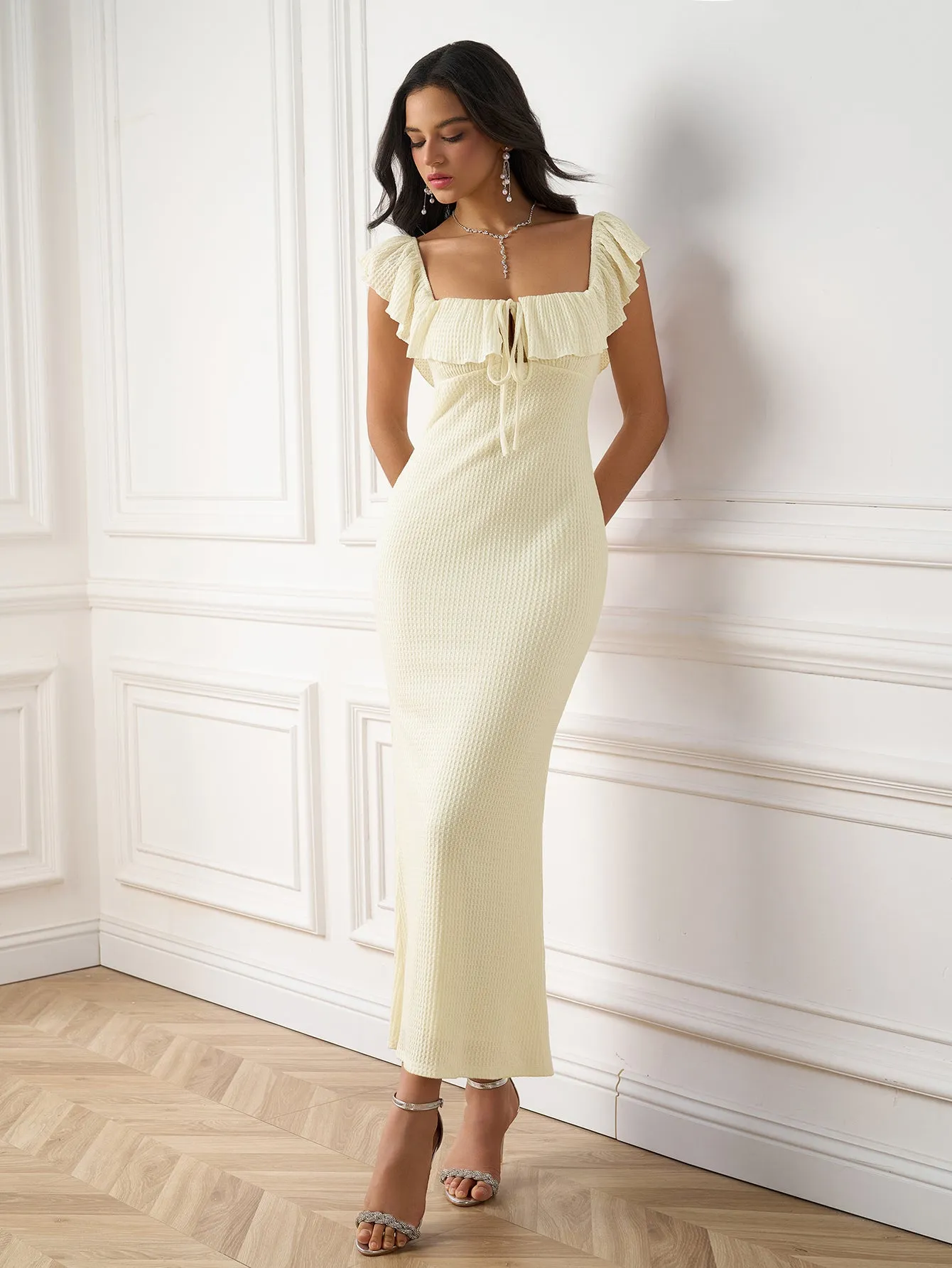 Off Shoulder Trim Tie Front Knitted Bodycon Dress