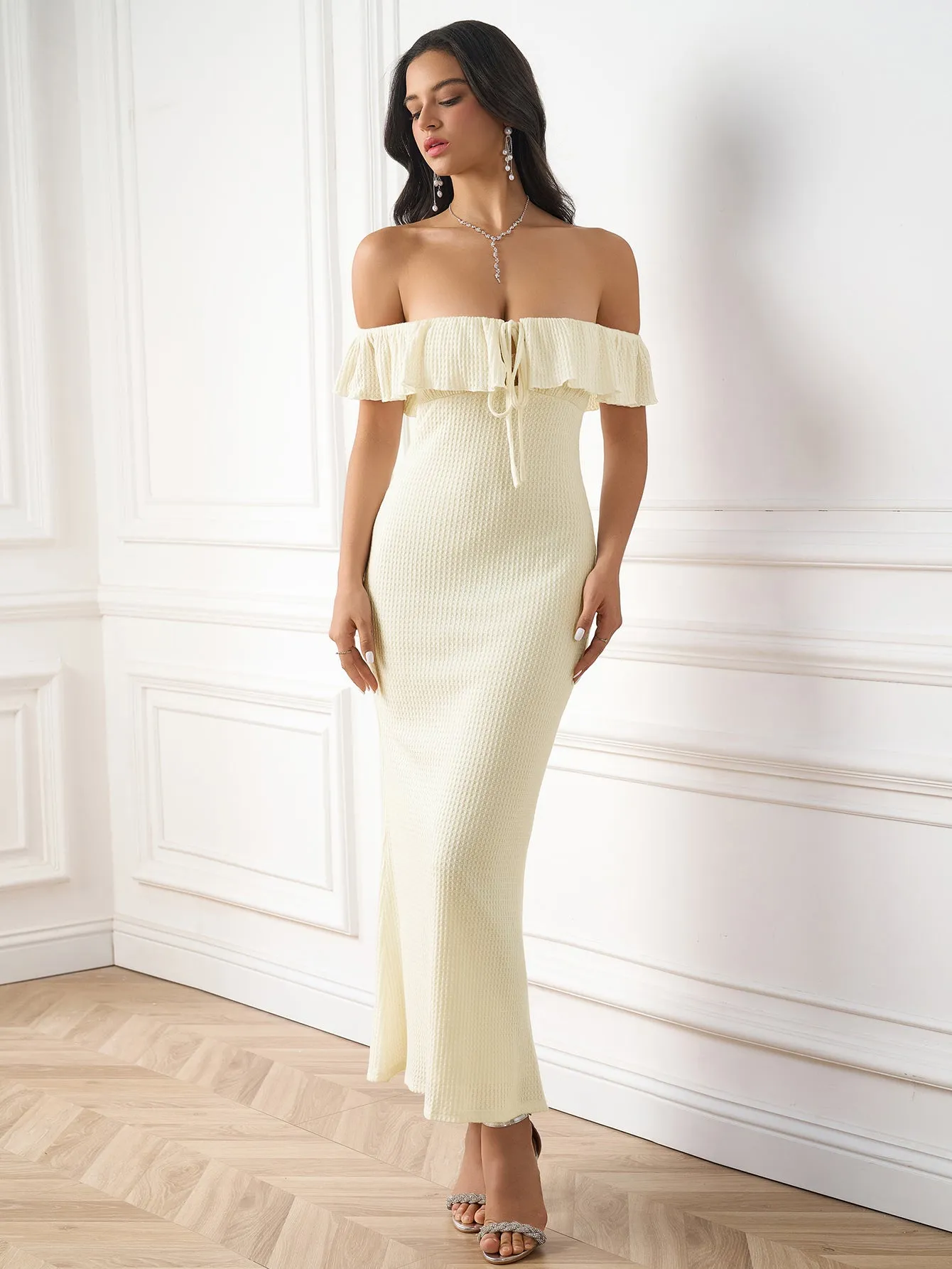 Off Shoulder Trim Tie Front Knitted Bodycon Dress