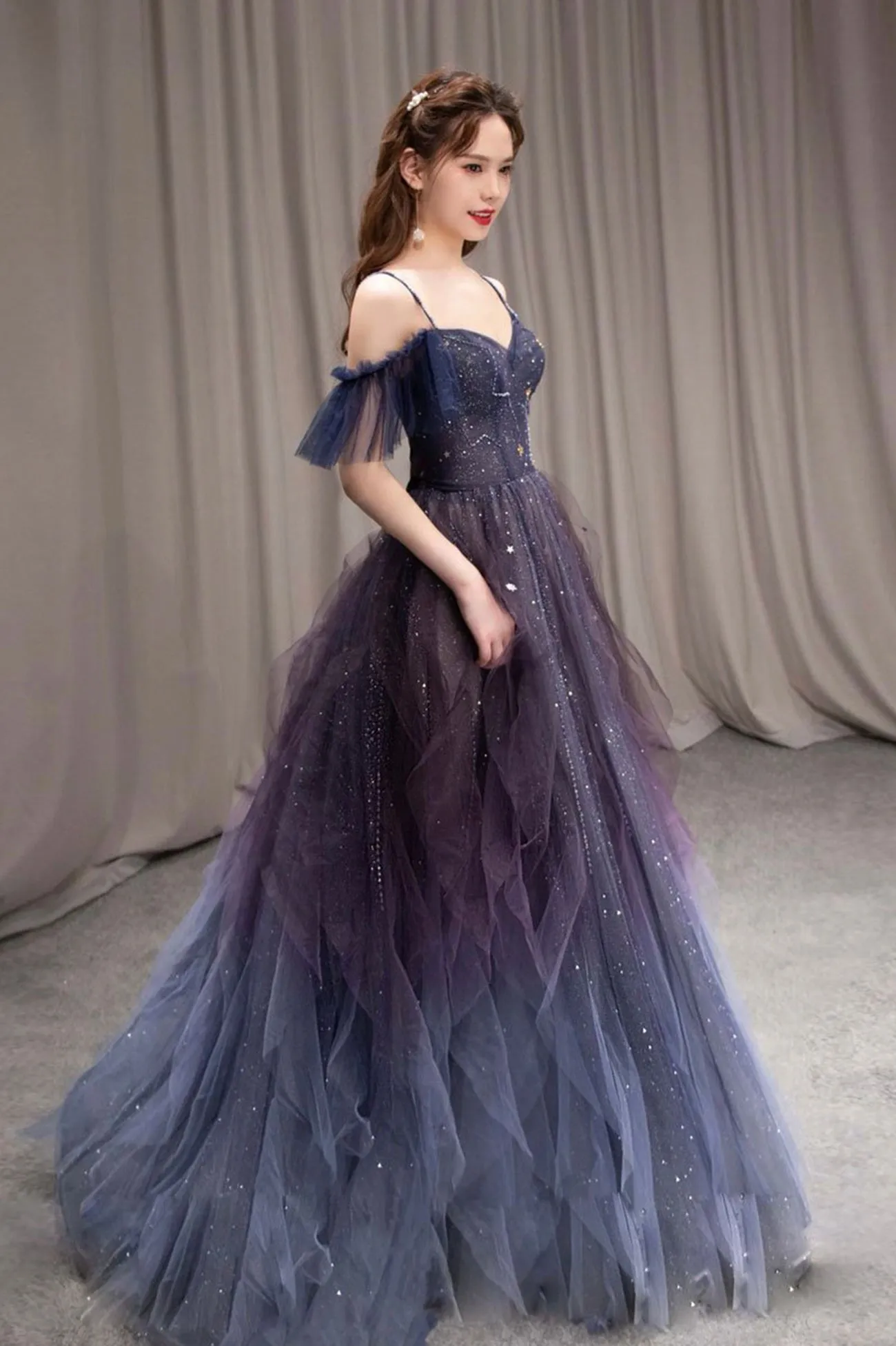 Purple Gradient Tulle Long Prom Dress, Beautiful A-Line Spaghetti Strap Evening Party Dress