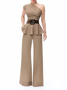 "Barcelona" Khaki One Shoulder Peplum Top