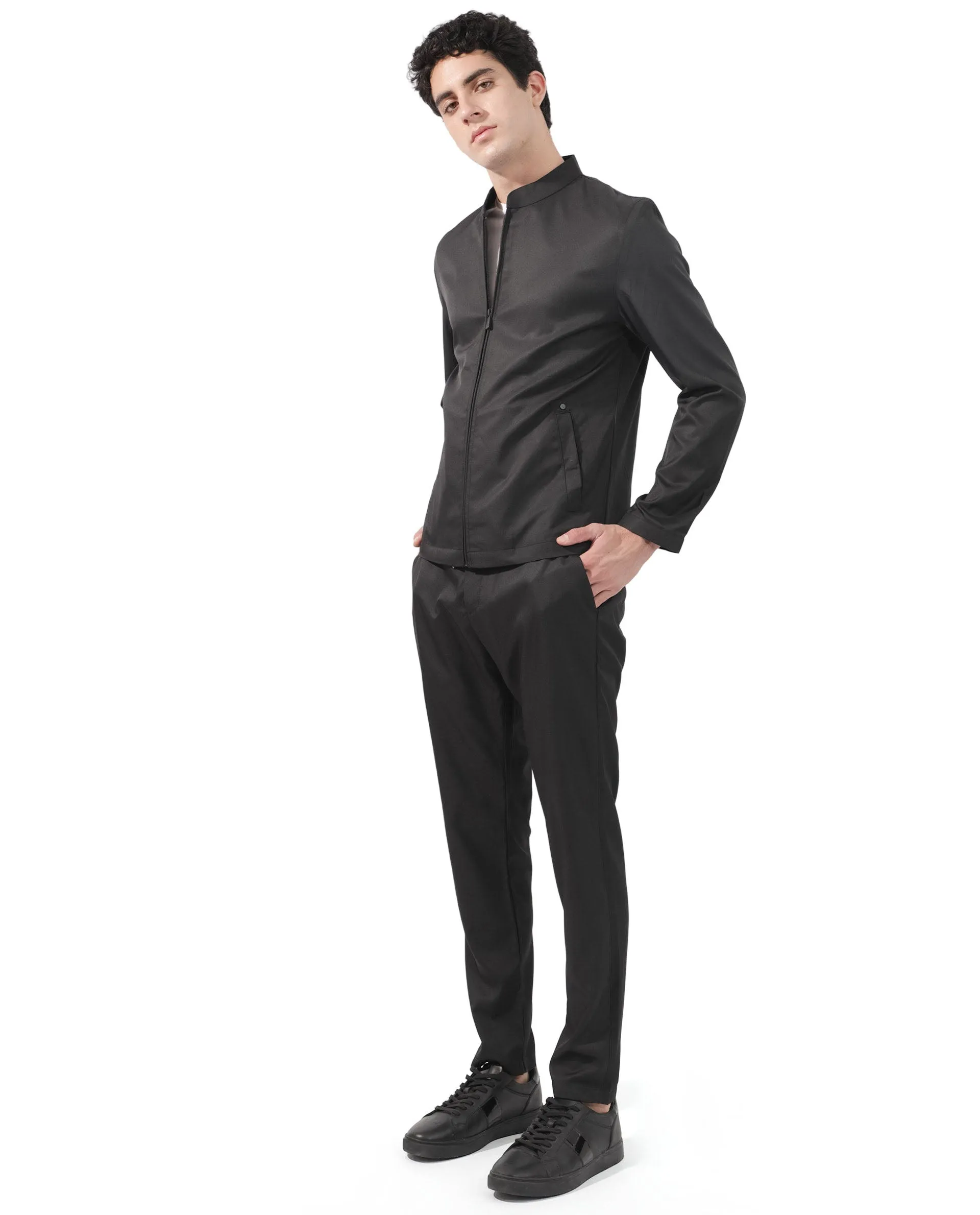 Rare Rabbit Men's Nimbus Black Plain Mandarin Collar Smart Twill Jacket