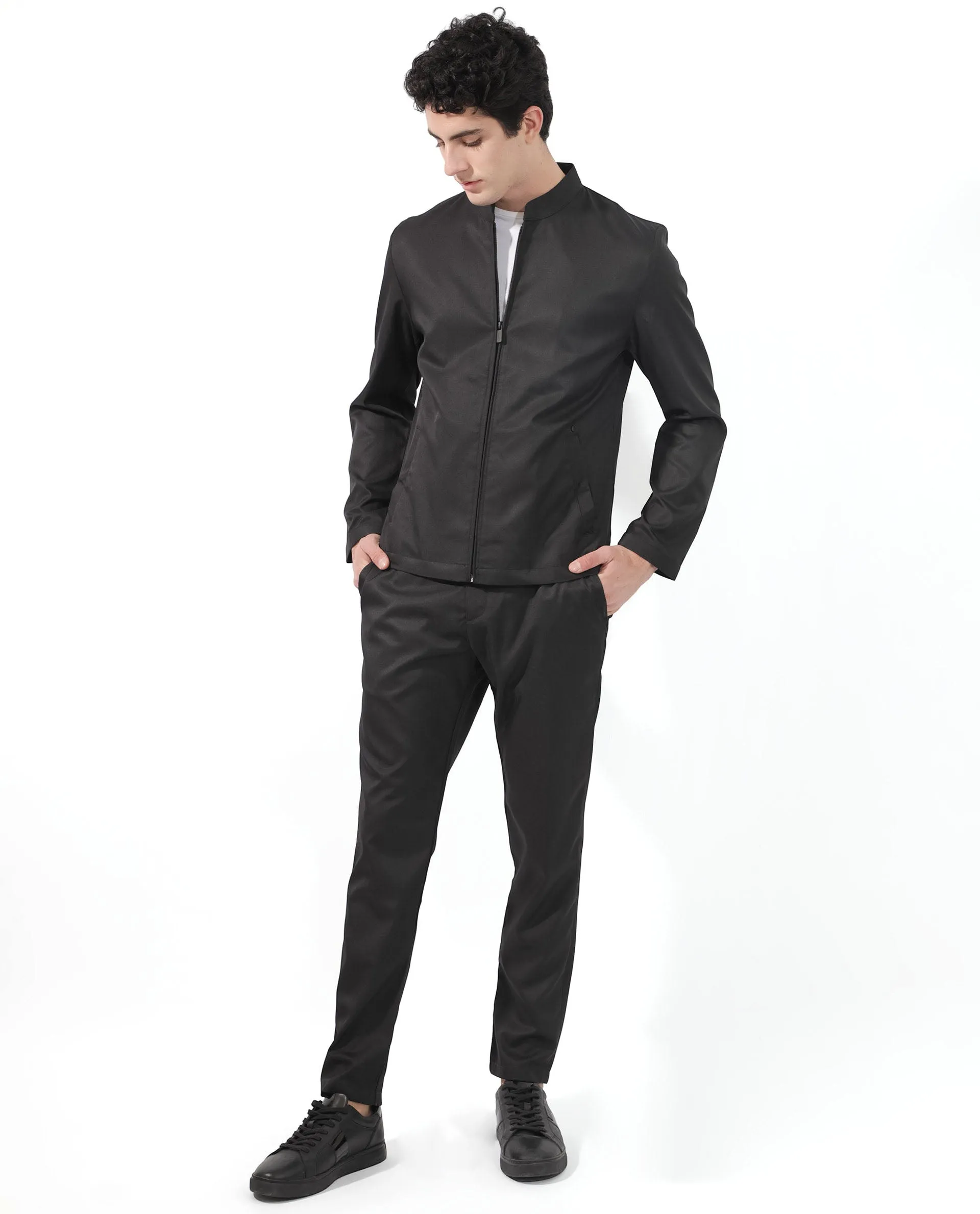 Rare Rabbit Men's Nimbus Black Plain Mandarin Collar Smart Twill Jacket