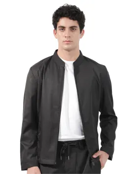 Rare Rabbit Men's Nimbus Black Plain Mandarin Collar Smart Twill Jacket