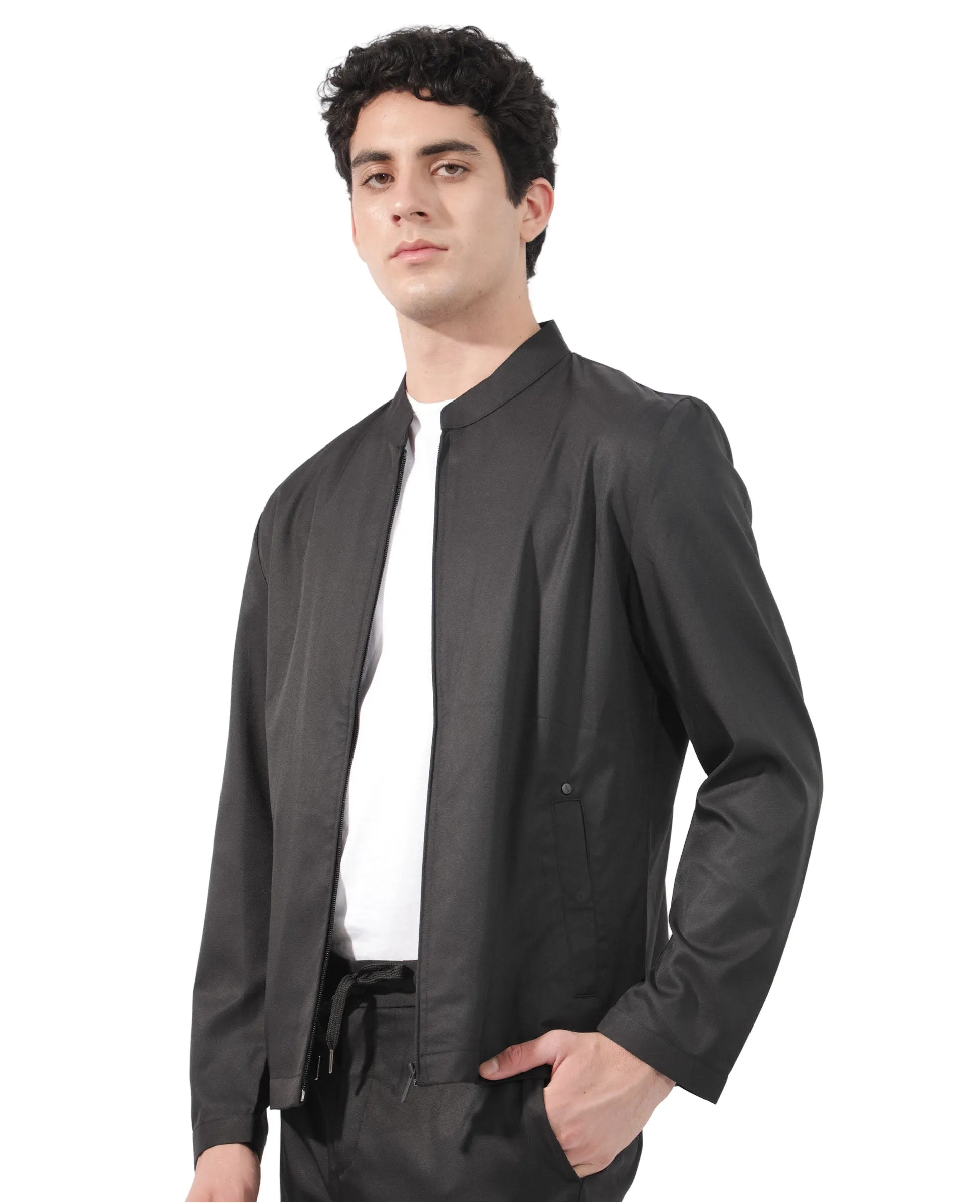 Rare Rabbit Men's Nimbus Black Plain Mandarin Collar Smart Twill Jacket