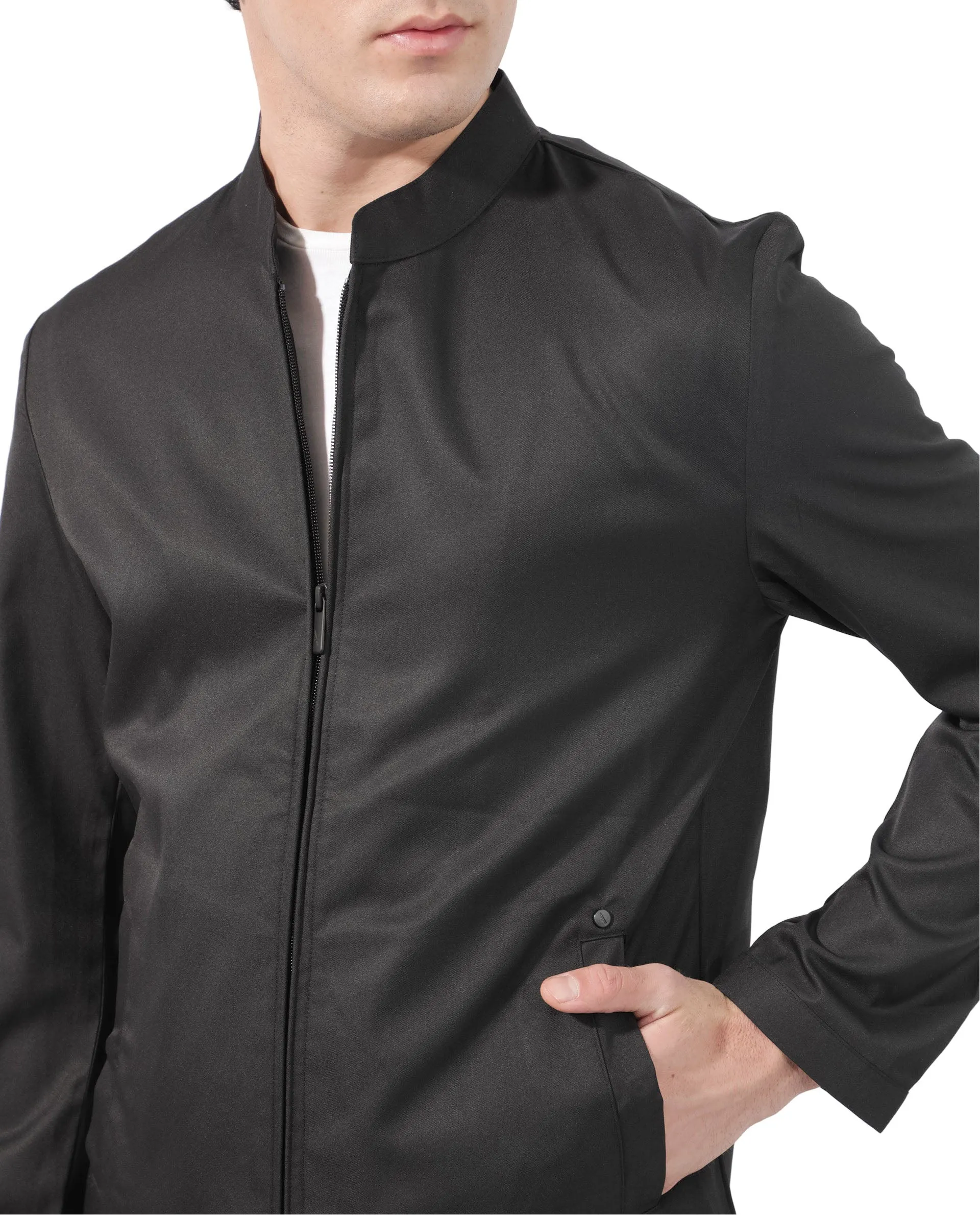 Rare Rabbit Men's Nimbus Black Plain Mandarin Collar Smart Twill Jacket