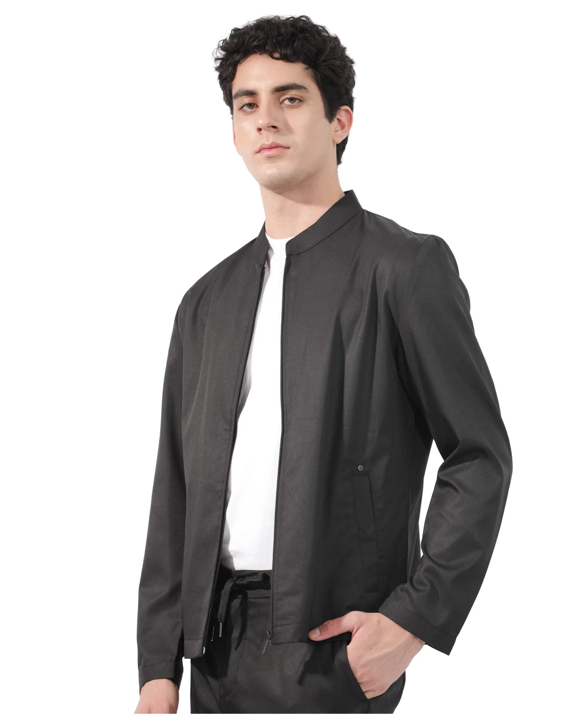 Rare Rabbit Men's Nimbus Black Plain Mandarin Collar Smart Twill Jacket