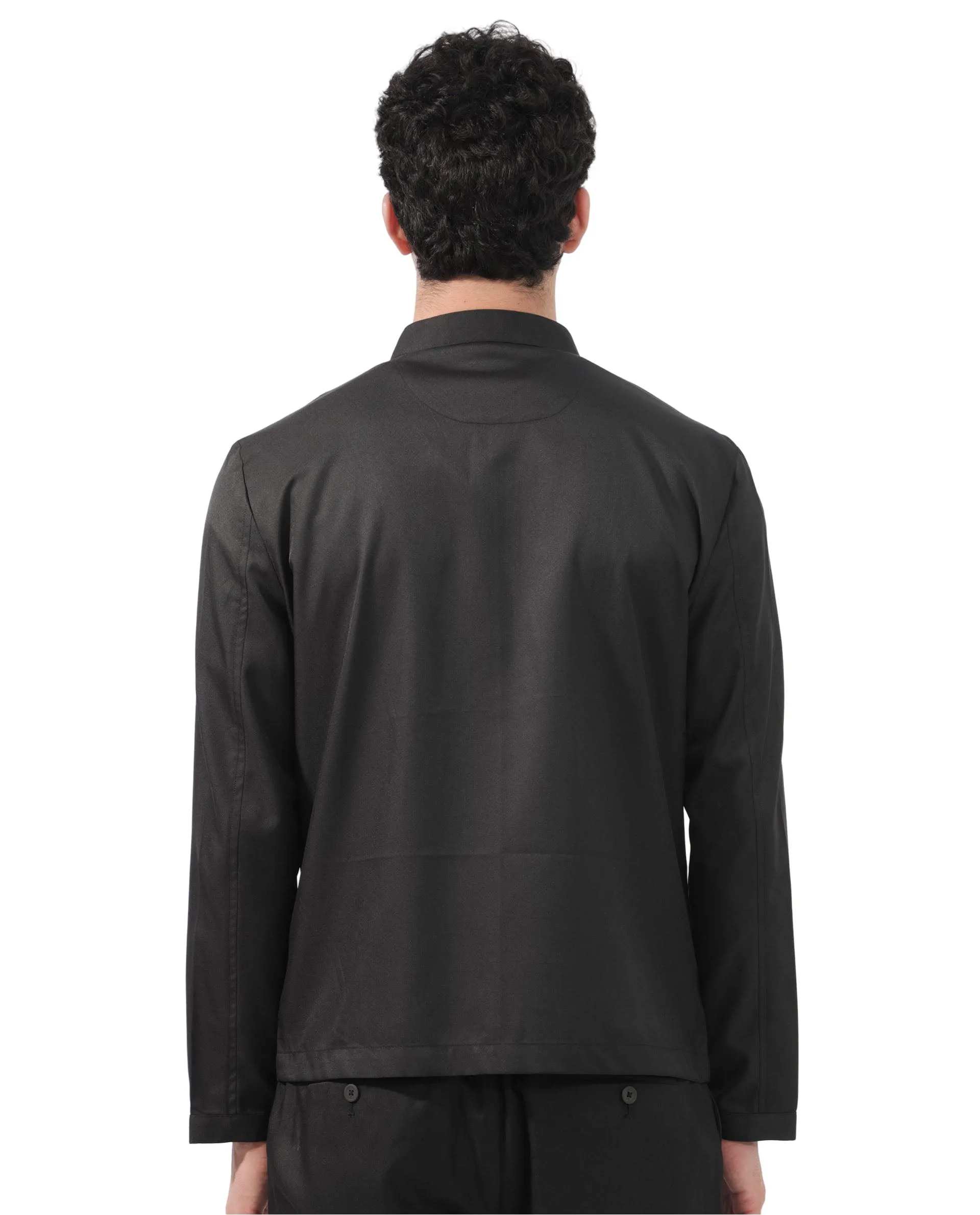 Rare Rabbit Men's Nimbus Black Plain Mandarin Collar Smart Twill Jacket