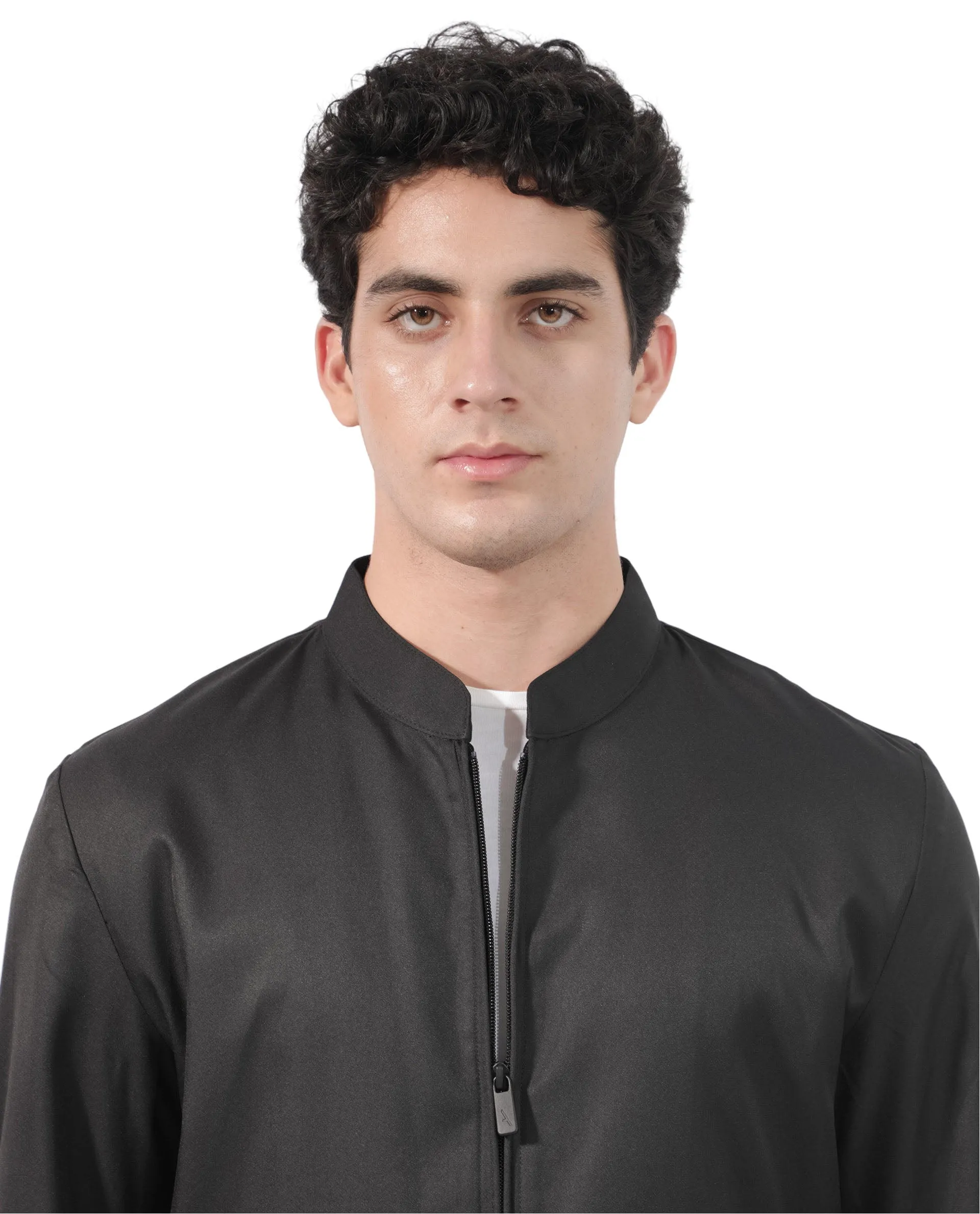 Rare Rabbit Men's Nimbus Black Plain Mandarin Collar Smart Twill Jacket