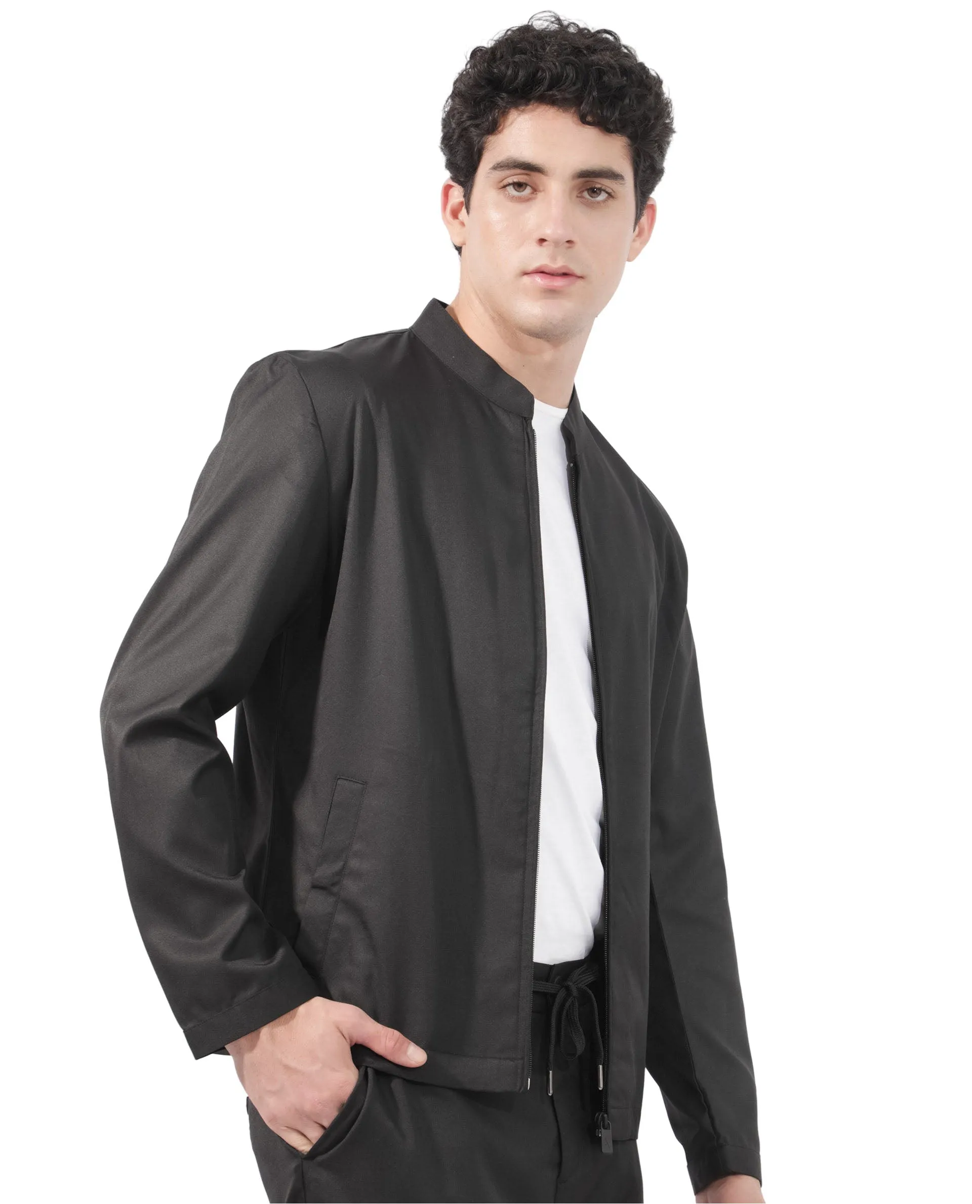 Rare Rabbit Men's Nimbus Black Plain Mandarin Collar Smart Twill Jacket